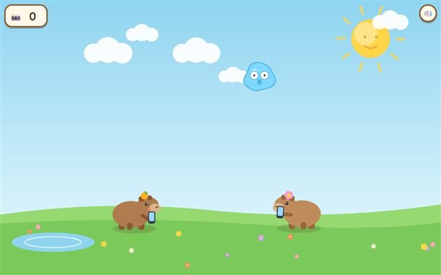 Two baby capybaras with phones in a sunny meadow, a surprised blob floating above
