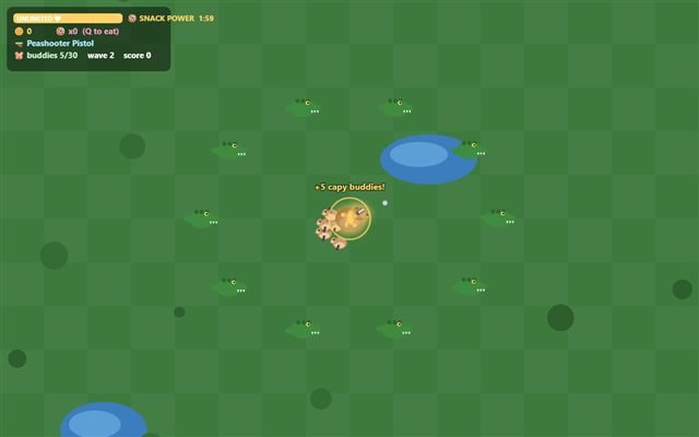 Capybara surrounded by baby buddies fending off crocs in a green meadow