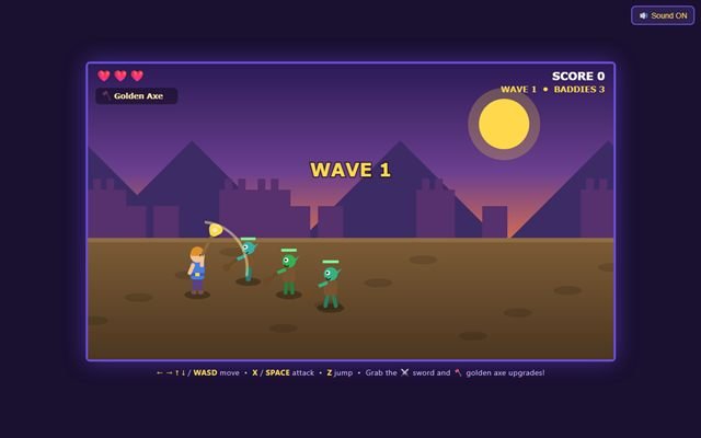 Hero swinging the golden axe at three green baddies at sunset in Wave 1
