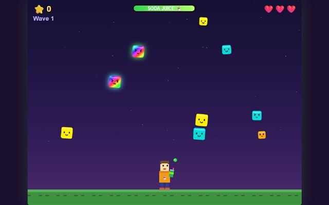 Blocky spraying soda at colourful falling blocks with faces, including glowing rainbow blocks